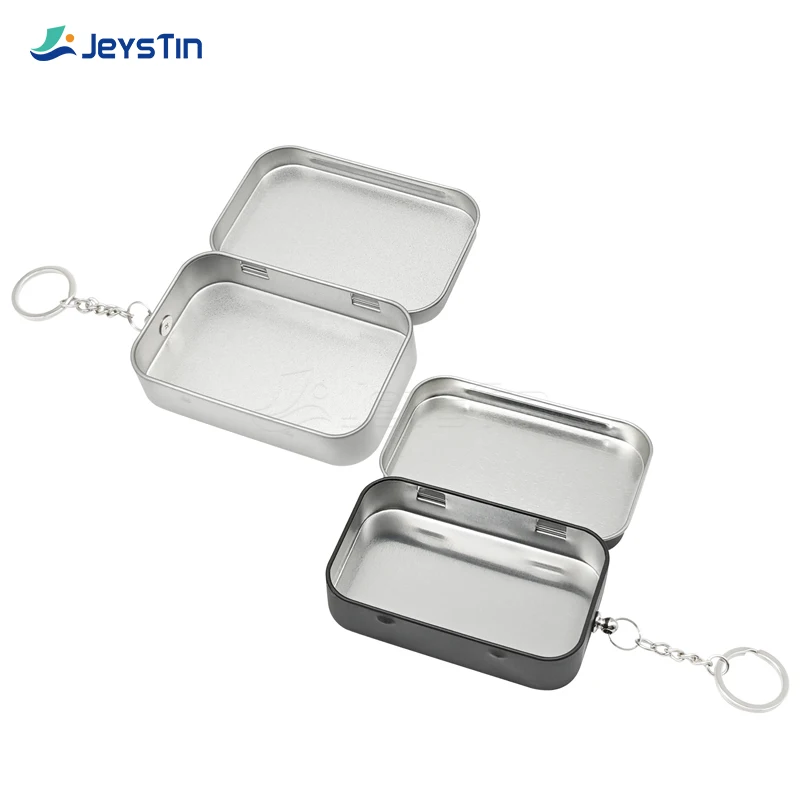 Rectangular Hinged Metal Packing Tin Box Silver Black  Plain Tin Container Small Metal Tins Box with Key Chain