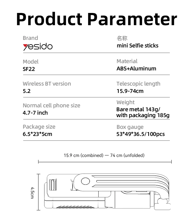 Yesido SF22 Tripod Mode Extra-long Extension Stable and Non-shaking Compact Size Mini Telescopic Selfie Stick
