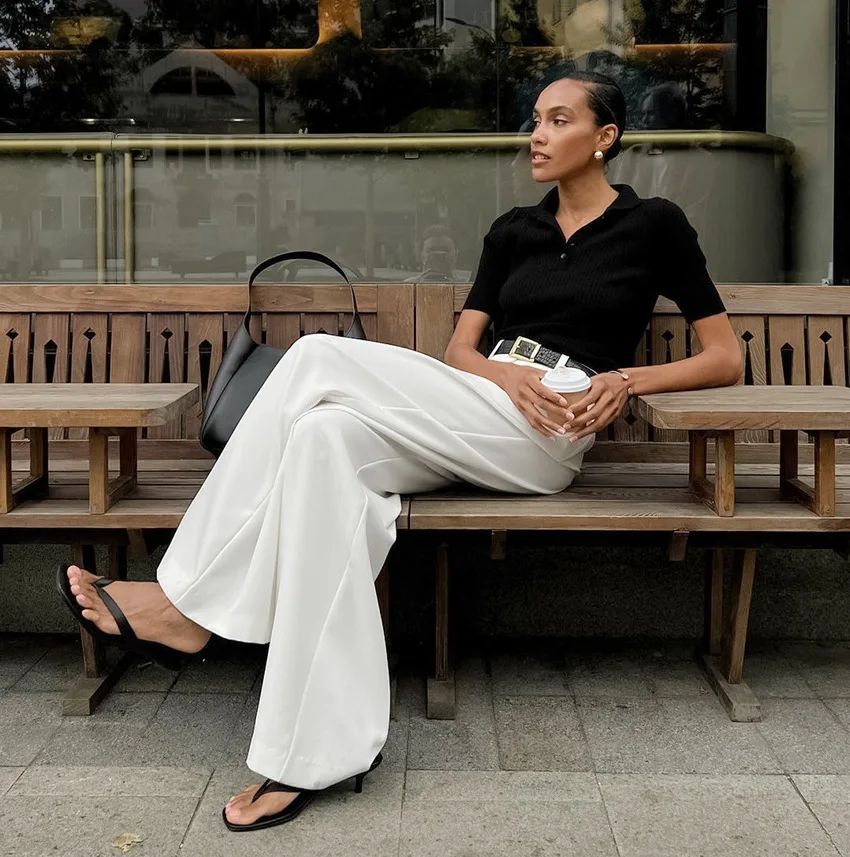 Enyami Streetwear Simple Pure White High Waist Wide Leg Pants