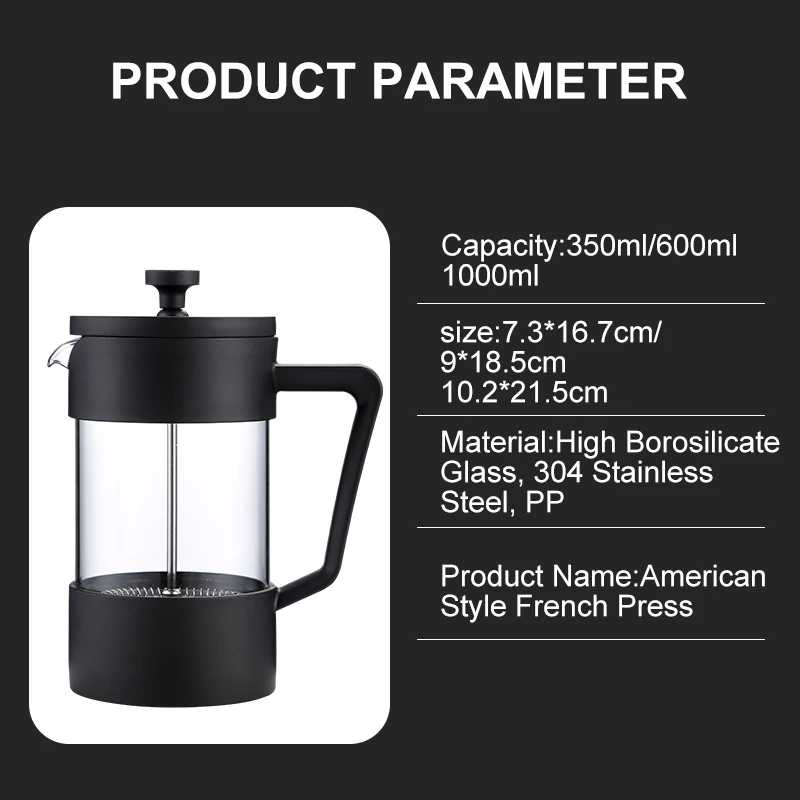 Hot Sale Stock 350ml 600ml 800ml French Press BPA-Free Sustainable