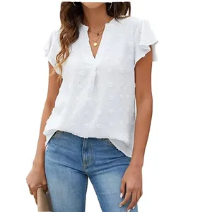 Summer new pleated ruffled sleeve top for women, commuter style V-neck short-sleeved white shirt for ladies