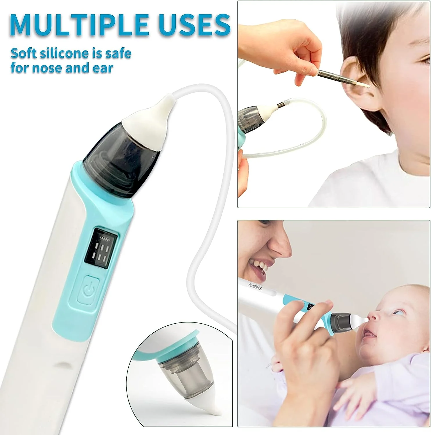 HJS Baby Nasal Aspirator and Ear Wax Suction Vacuum 2 In1 Cleaning Nasal Mucus Supplies Easy to Operate Baby Products