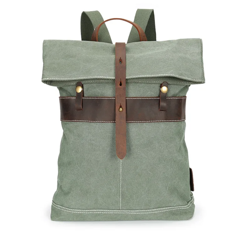 in stock retro canvas backpack casual roll top travel bag fashionable college school bag with laptop compartment