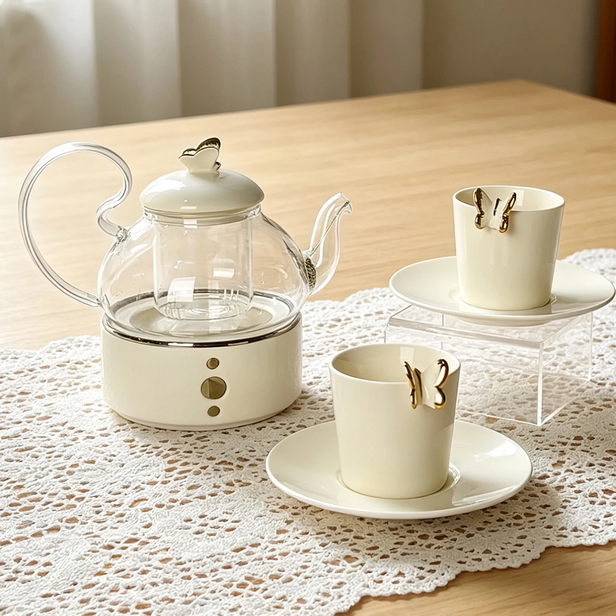 Luksusowy ceramiczny zestaw kubków i spodków z motylkami w złotym kolorze wraz z szklanym czajnikiem i podgrzewaczem, elegancki porcelanowy zestaw herbatniczy jako prezent lub na ślub