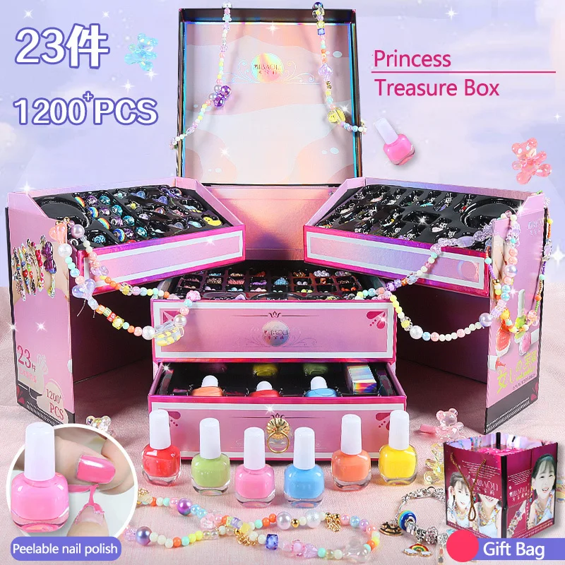 Kids Cosmetic Make up Peelable Nail Polish Girl Princess Makeup Kit Set Toy  Beaded Fashion Jewelry Charm Bracelet Set Gift Box