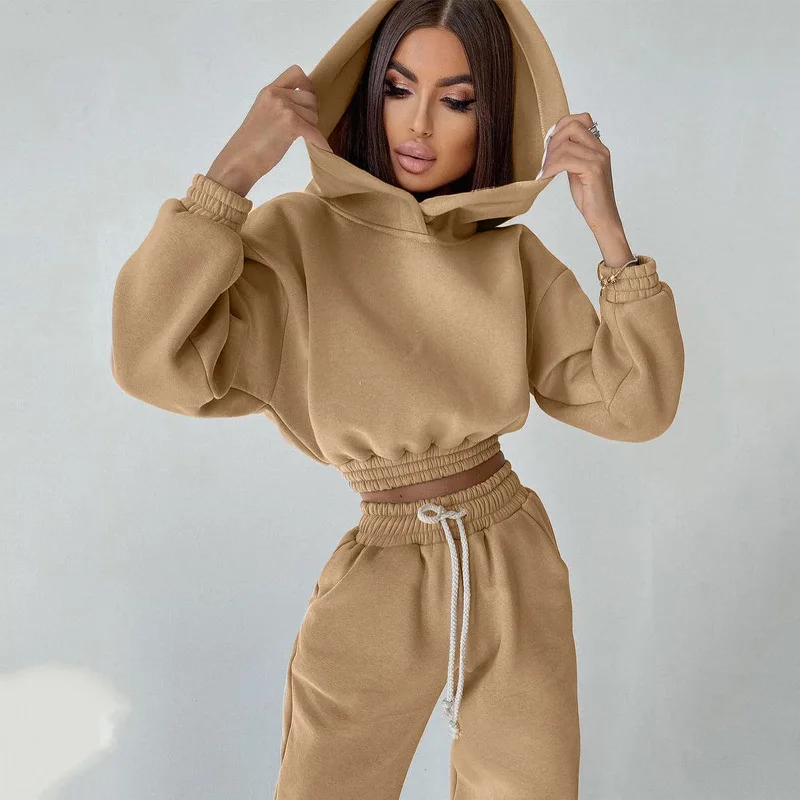 2023 Fall Clothes Long Sleeve short style Hoodie With Jogger Woman Fleece Thick Cotton Sweatsuit Set For Woman