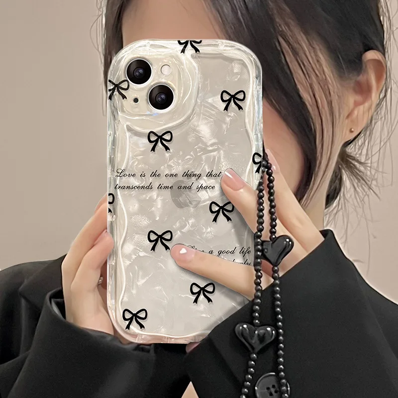 Black Bowknot Shell Pattern Paper With Bead Bracelet TPU Mobile Phone Cover Case for Iphone 7 8 Xr XS 11 12 13 14 15 16 Pro Max