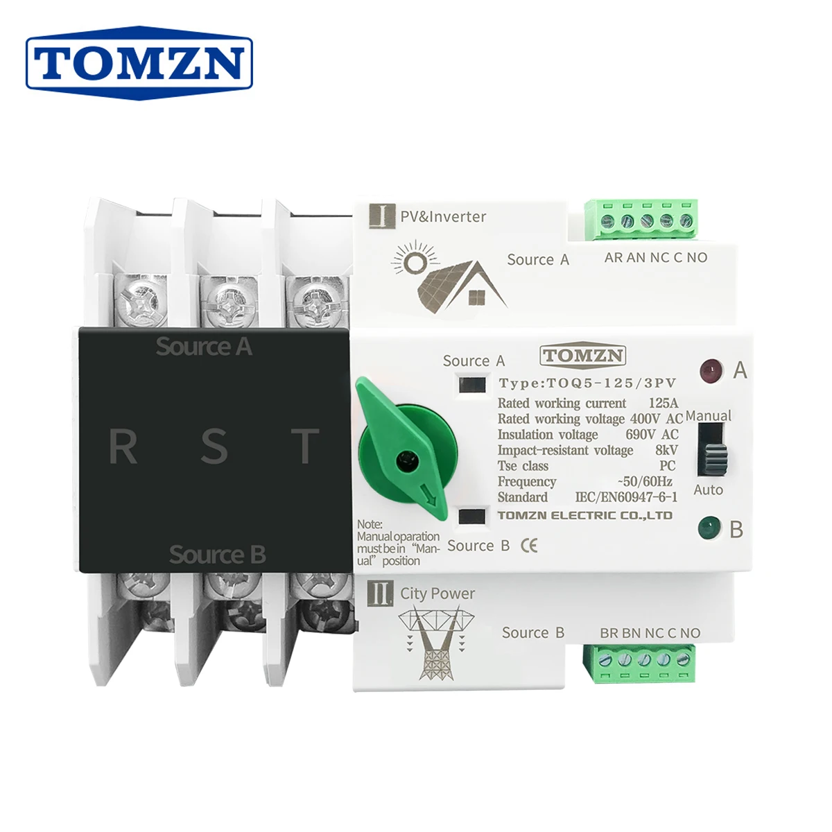 3P 3 Phase Din Rail ATS for PV and Inverter Dual Power Automatic Transfer Selector Switches Uninterrupted 63A 100A 125A