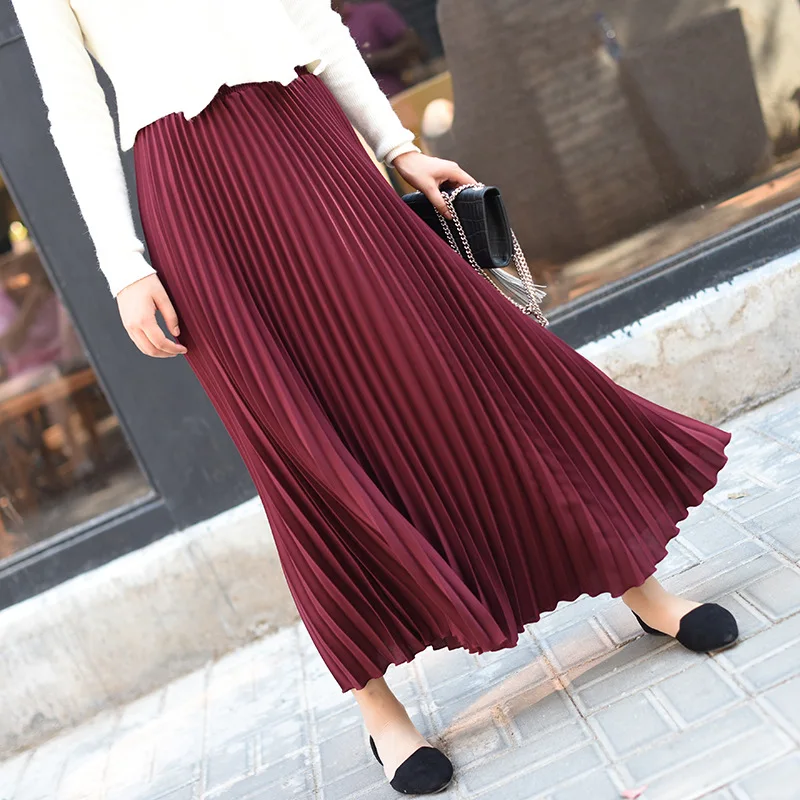 High Quality Stylish Plus Size Polyester Burgundy Casual Long Mixi Pleated Skirt for Women Ladies for Summer