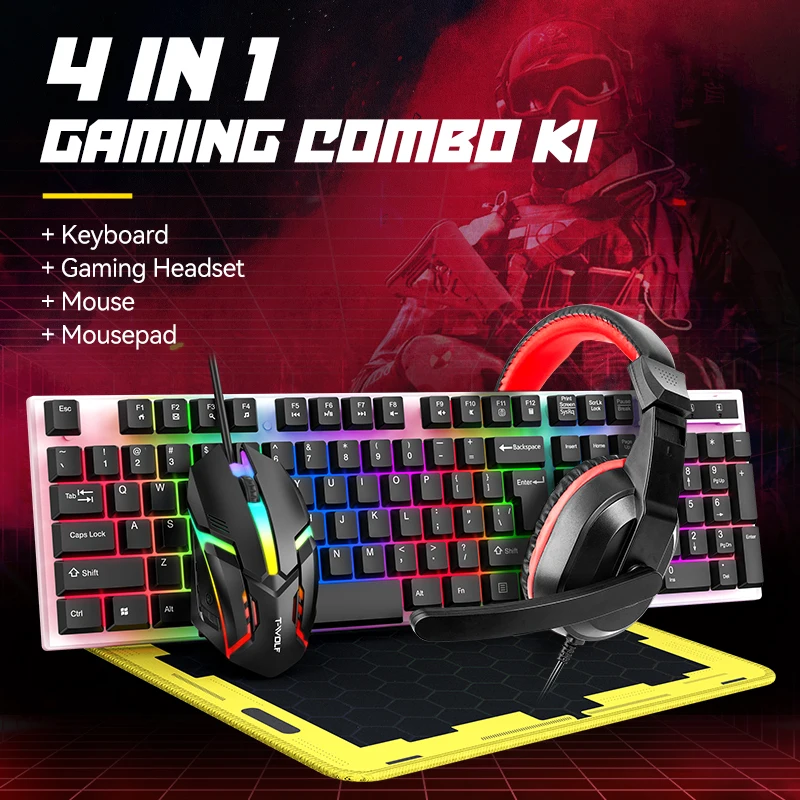Latest Cheap 4IN1 Gaming Keyboard Combos Teclado Gamer Mechanical Clavier Keyboard Mouse Mousepad Headset Computer Kit