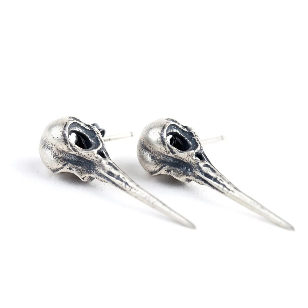 A pair Bird skull 925 silver earrings, Gothic handmade silver earrings, punk personality silver earrings shops