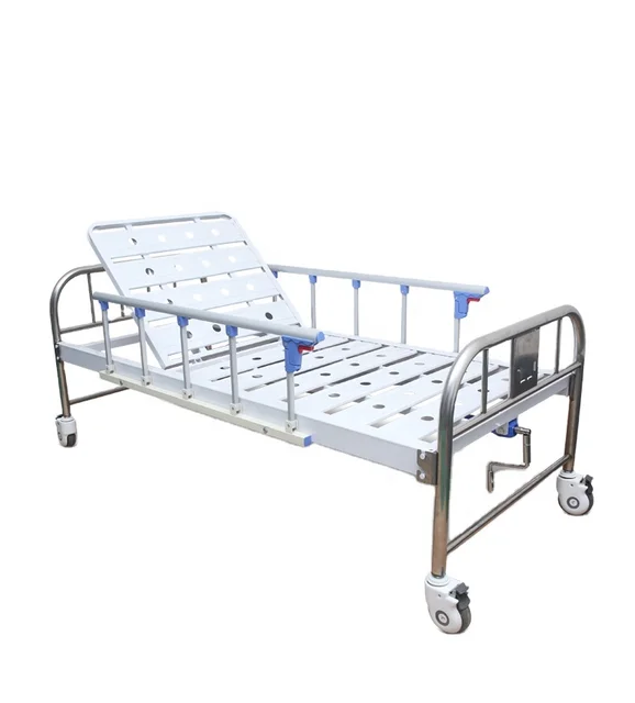 Factory Direct 1-crank Stainless Steel Nursing Bed Hospital Bed with Silent Casters and Folding Guardrail