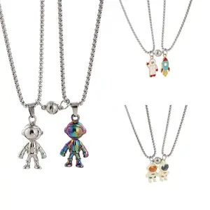 Stainless Steel Astronaut Robot Couple Magnetic Pendant Double Chain Necklace, Couple Engagement Gift Factory Wholesale.