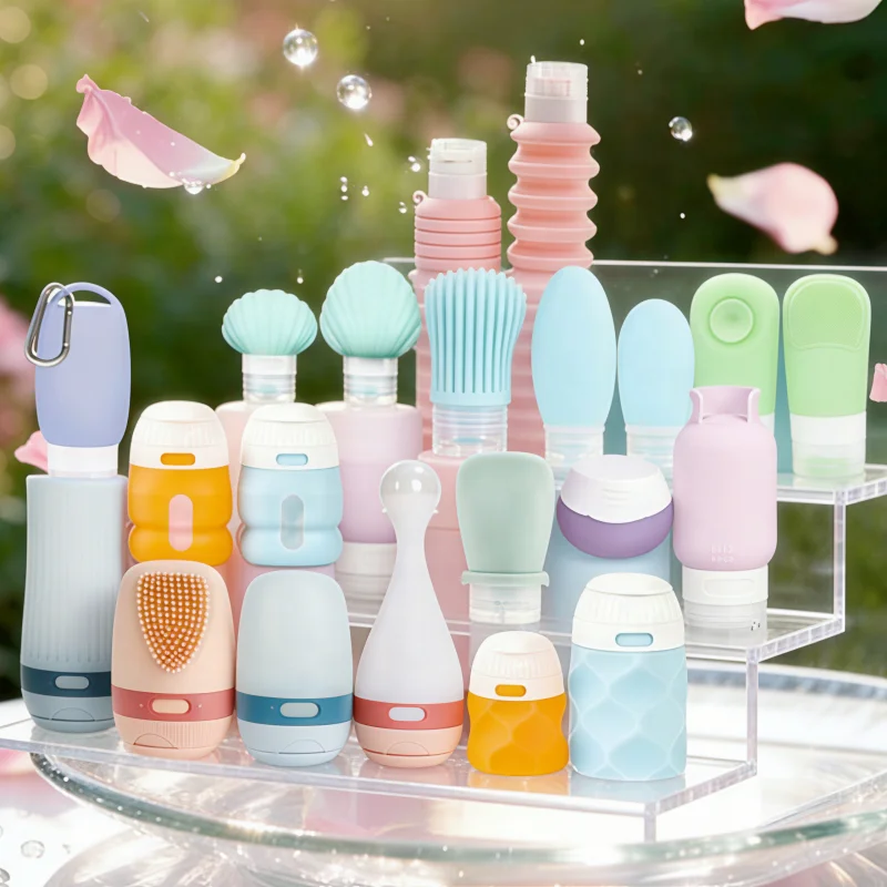 Wielostylowy zestaw butelek podróżnych | Indywidualna kombinacja i opakowanie | Bezpieczne dla zdrowia, ekologiczne butelki z silikonu do kosmetyków