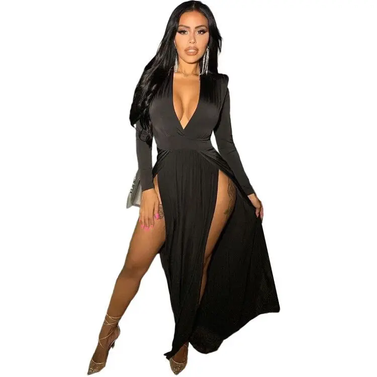 Vestido Largo Negro Sexy Elegante De Manga Larga Con Abertura En Los Dos  Lados Con Escote En V Profundo - Buy One Piece Long Dress,Black Long  Dress,Sexy Dresses 2020 Women Product on