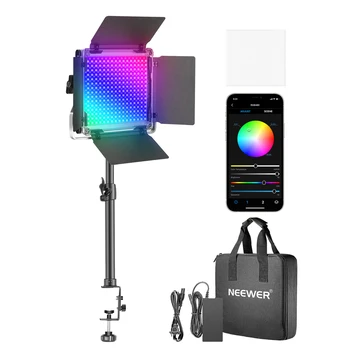 Neewer 480 RGB Led Light with APP Control and 32-52CM Tabletop Clip Light Stand,480 LEDs 3200-5600K/Brightness Adjustable Colors
