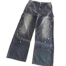 Distressing Hem Customized Rhinestones Double Knee Carpenter Jeans Triple Stitching Wide Leg Baggy Fit Stone Washed Denim Jeans