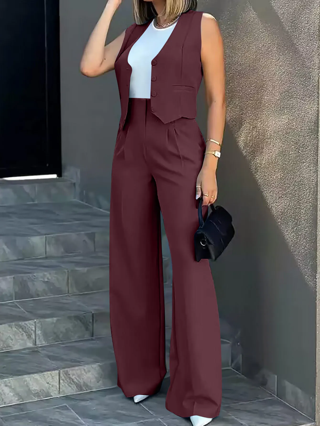 Damen-Blazeranzug 2-teilig – ärmellose Weste Mit Gürtel & Weite Hose, Business-Outfit Für Büro & Anlässe