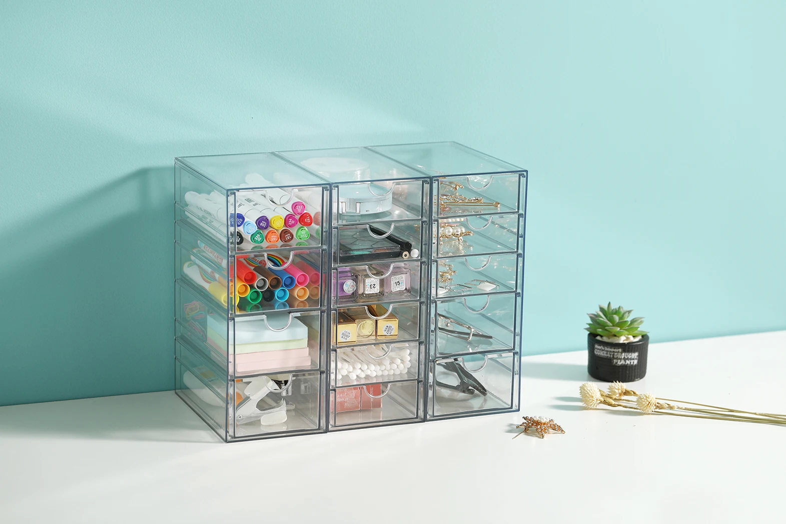 Makeup Organizer With 16 Drawers, 4 Pcs Desktop Office Supplies, Desk Organizer, Clear Desk Accessories,Stationary