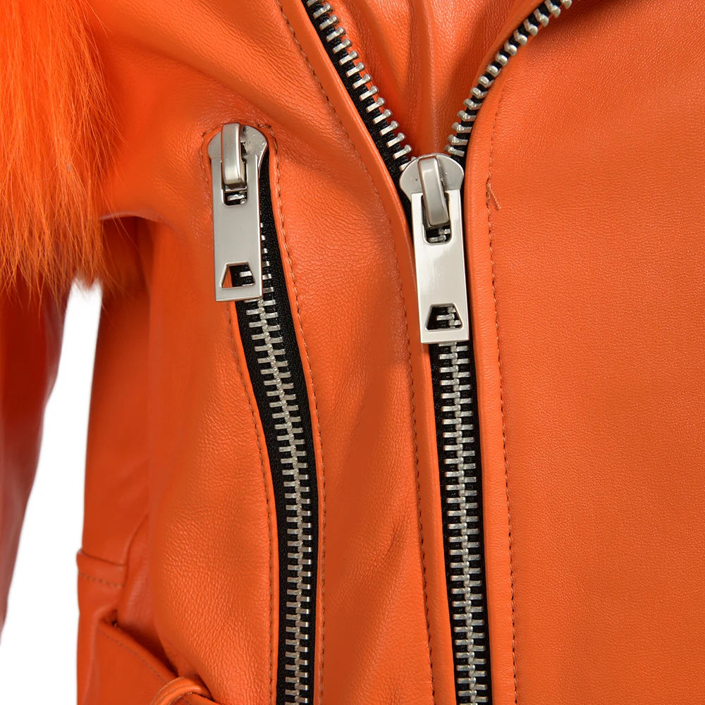 Custom Genuine Sheep Leather Jacket With Real Fox Fur Wholesale Ladies