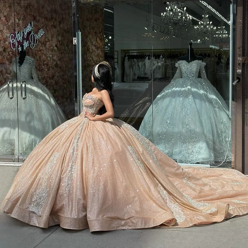 Mumuleo Strapless Tulle Champagne XV Dress With Silver Lace| Alibaba.com