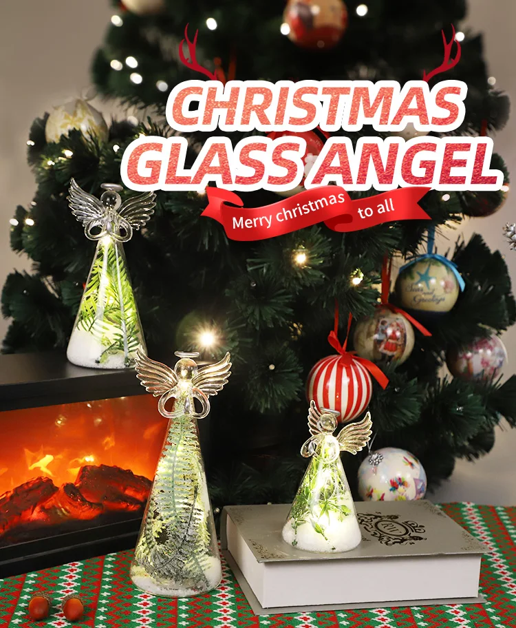 China customized small glass christmas gift ornament set of 3 spraying clear angel figurines bauble decoration that light up manufacture