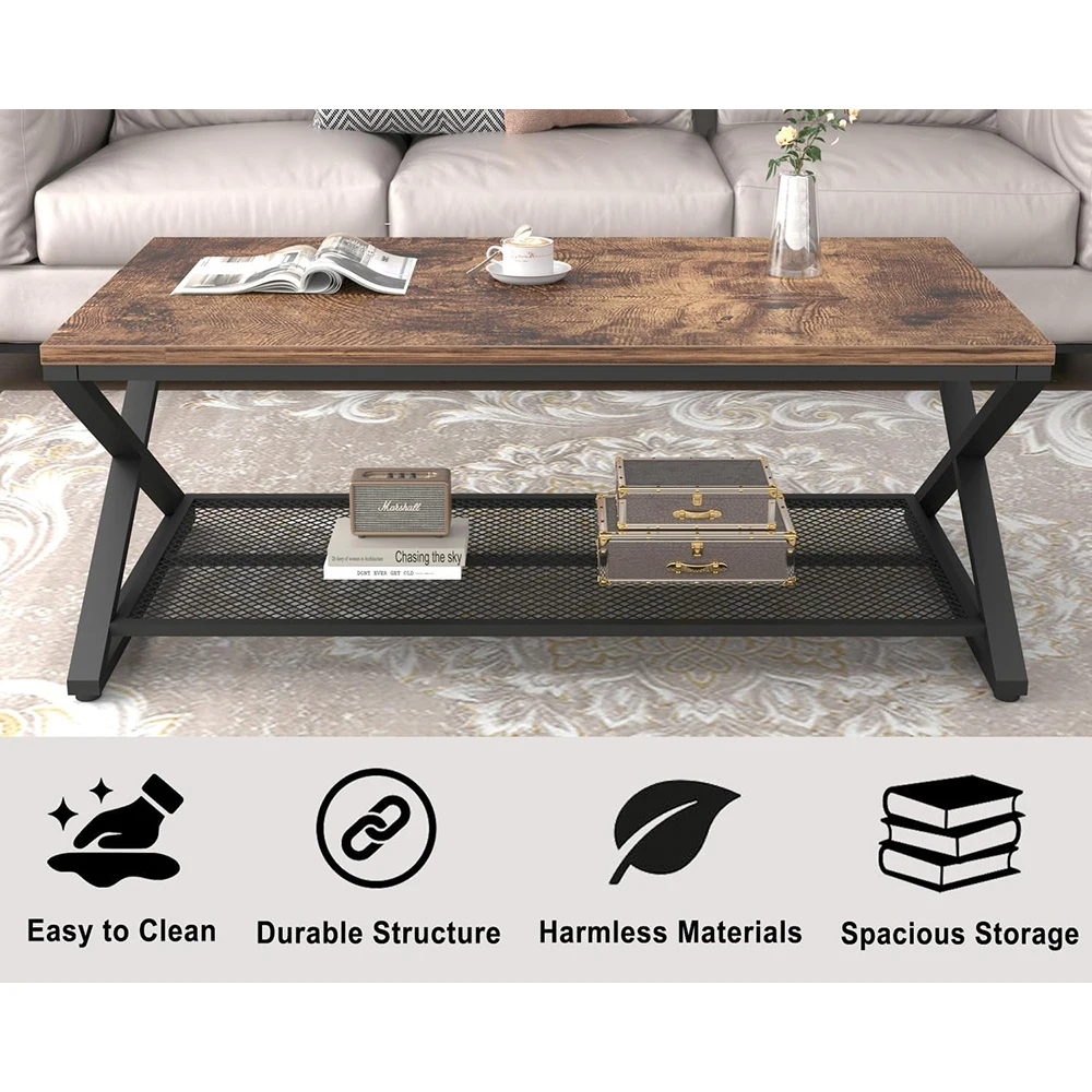 product modern coffee table storage industrial wood metal 2 tier mesh shelf living room table low rectangle cocktail tea table office-5