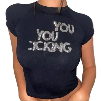 Sequined Girls Crop Top Tee Shirts Y2K round Neck Custom Sequin Women's T Shirts Quick Dry Casual Style Embroidery Decoration