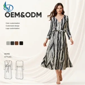 Women's Casual Spring and Autumn New Striped Long Sleeved V-neck Woven Dress