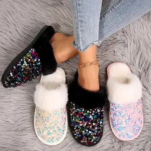 Fashion Women's Closed Toe Plush Fur Warm Winter Comfort Trend Soft TPR Non-slip Indoor Shoes Shining Plush Slide for