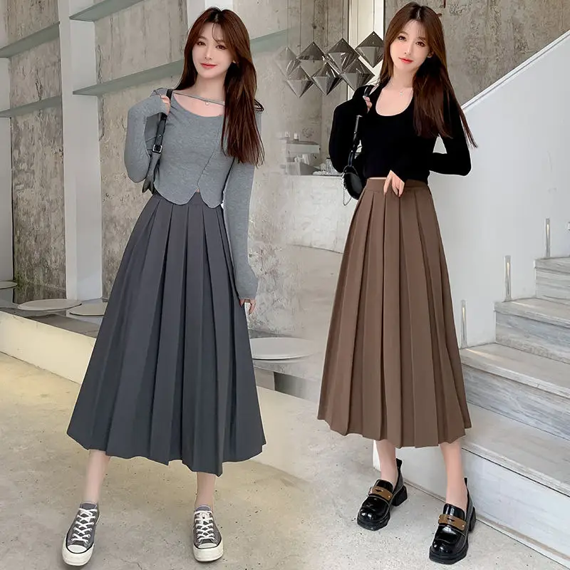 2023 Spring and Summer New Style with Shirt Coffee Color Pleated Half S Women's High Waist a Word in the Long Half214_voghion.com