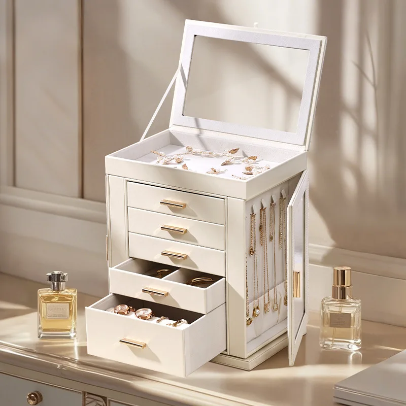GREENSIDE Large Capacity Rotating Multi-Layer Jewelry Box with Transparent Window Leather Storage Organizer