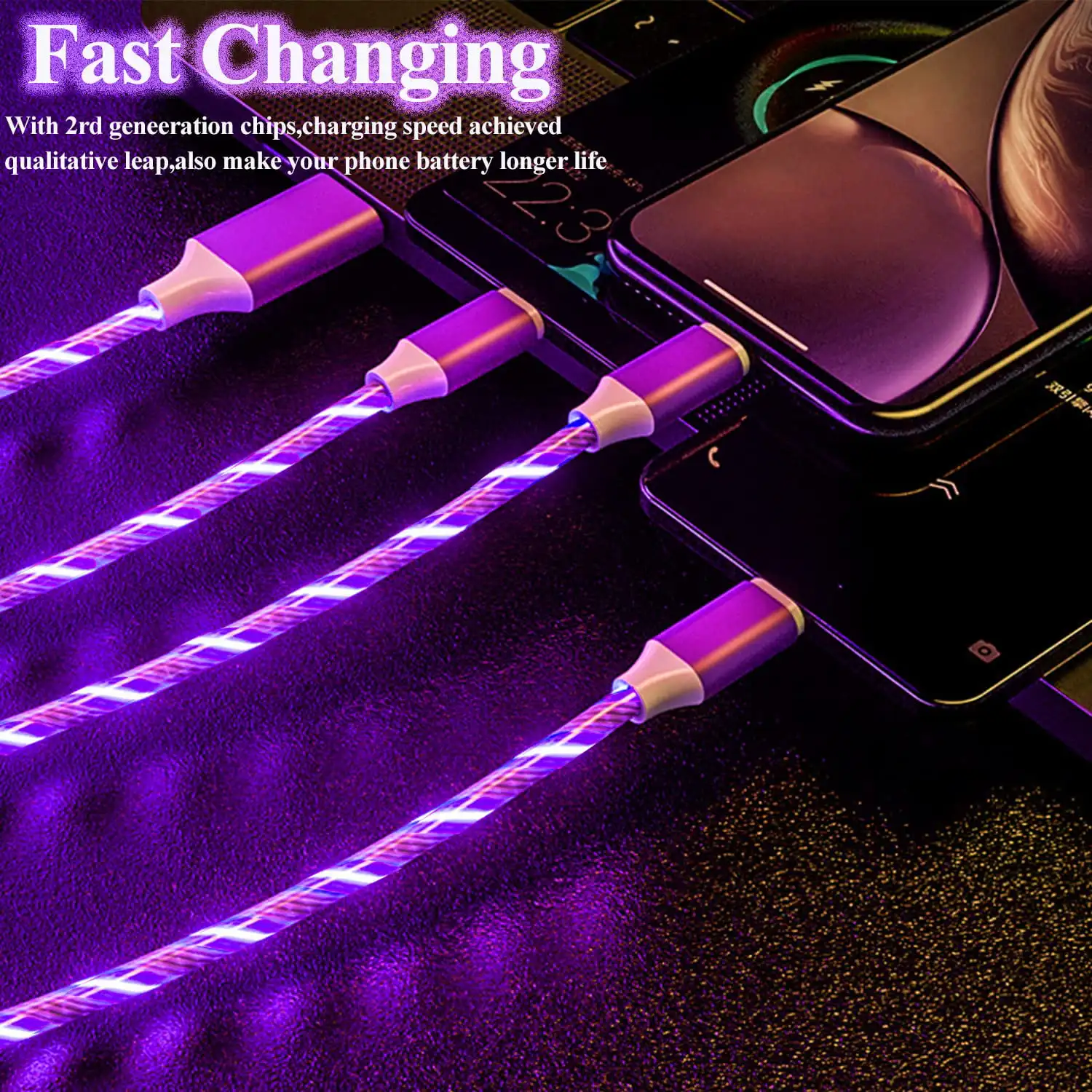 3 1 Durable Charging Cable Fast LED Flowing Light Charger IOS Type C Micro USB Android 5A Current Nylon Jacket Braid Shielding
