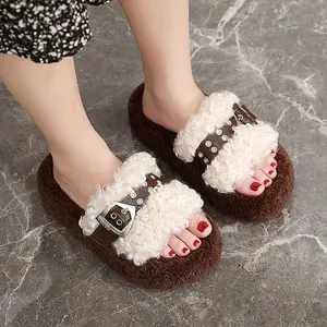 A-15 Popular Thick-Soled Roman Style Open Toe for Slippers for Women Home Use Velvet Cotton Ladies Flat for Slippers for Winter