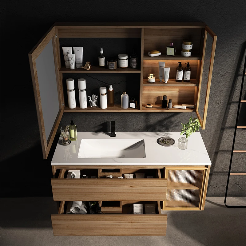 OEM Nordic Modern Log Color Round Mirror Bathroom Vanity Combination Washstand Solid Wood Bathroom Cabinet With Sink