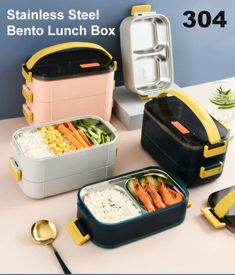 Bento Lunchbox voor volwassenen en kinderen, roestvrij staal, broodtrommel met 2 vakken/3 vakken, metalen doos met houten deksel, BPA-vrij, metalen brooddoos, ontbijtbox voor school/uitstapjes (800