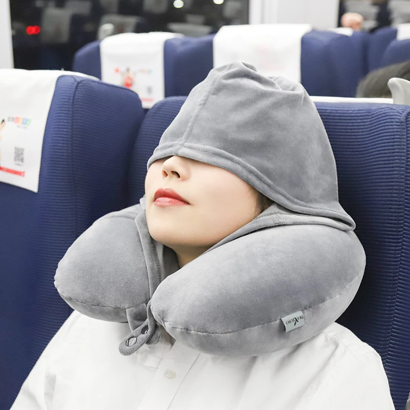 New Design Removable U Neck Support Pillow Inflatable Travel Neck Pillow With Hoodie