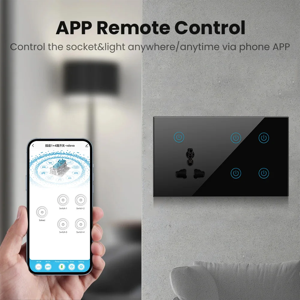 Smart WIFI 4Gang 1Way Wireless Touch Switch With 3Pn Electrical Multi Function Wall WIFI Socket with Alexa Google Home