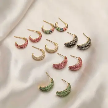 Fashion Copper Gold Plated Rainbow CZ Paved Crescent Moon Stud Earrings Colorful Zircon C Shaped Earrings Women Jewelry Gift