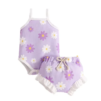 2024 summer new fashion baby girls clothing sets soft sleeveless kids clothing flower print cute camisole two piece baby suit
