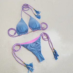 Hot Girl Braided Strappy Two-Piece Bikini Triangle Top Reversible Color Block Beach Swimwear Three-Piece Sexy Set for Women