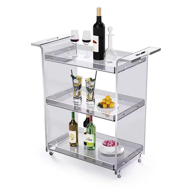 Customized Modern Design Clear Acrylic 2-Shelf Rolling Bar Cart Square Lucite Trolley for Dining Living Room Hotel Kitchen Use