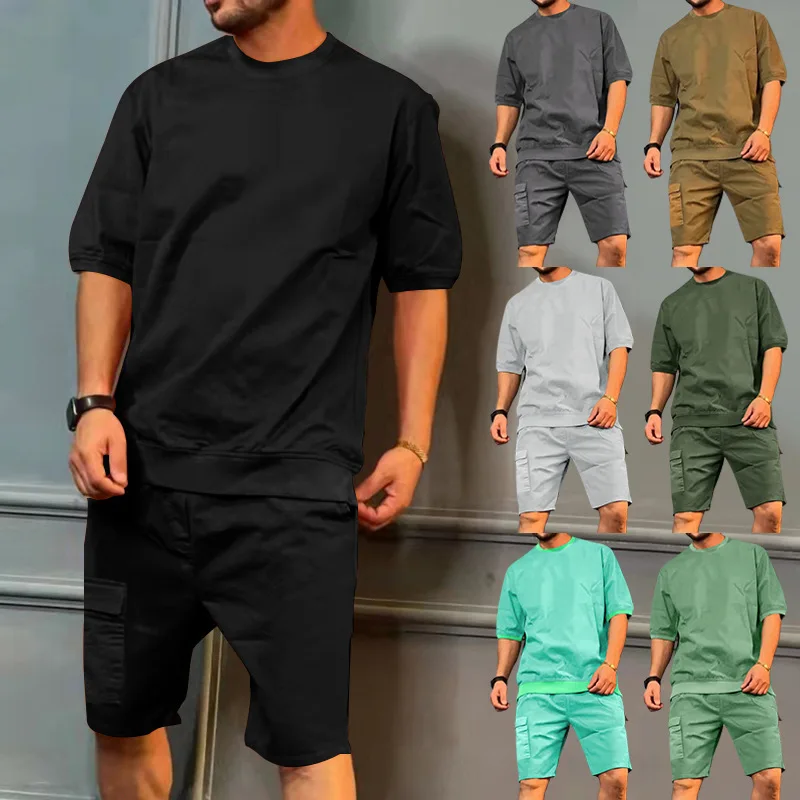 Wholesale Mens Tracksuit Solid Color Crew Neck Short Sleeve Shorts Joggers Plus Size men's sets766_voghion.com