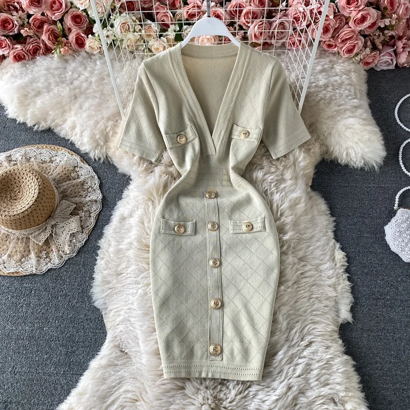 Wholesale V Neck Short Sleeved Knit Jersey Bodycon Dress Women Slim Casual  Summer Dresses Vestido