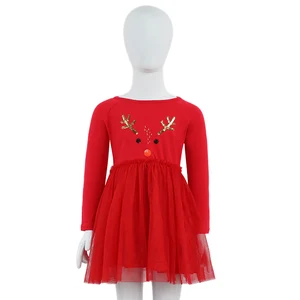 OEM Customization Children's Christmas Princess Dress Autumn Girl Cartoon Deer Embroidered Mesh Princess Dress