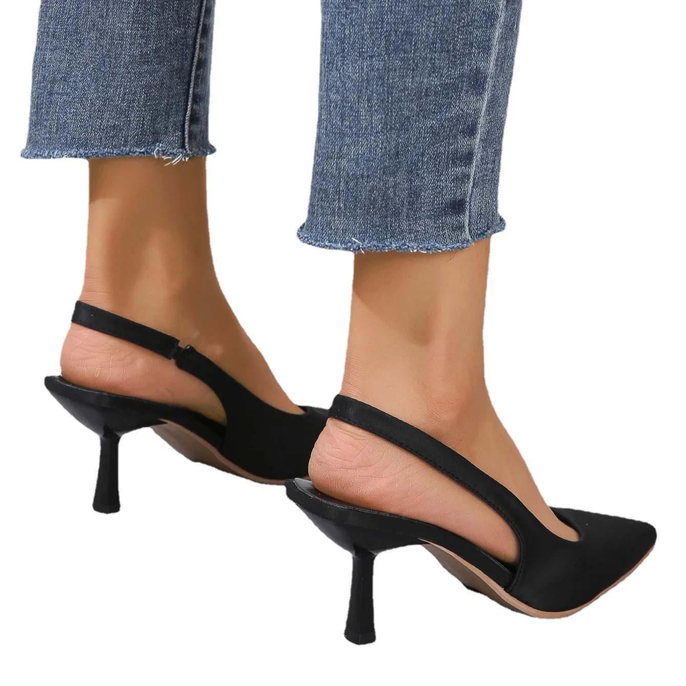 Summer Roman Black Women Sexy Slingback High Pointed Toe Ladies Kitten Heel Pumps - Image 2