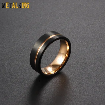8mm Two Tone Tungsten Carbide Ring Black And Rose Gold Plated Wedding Band Thin Line Groove
