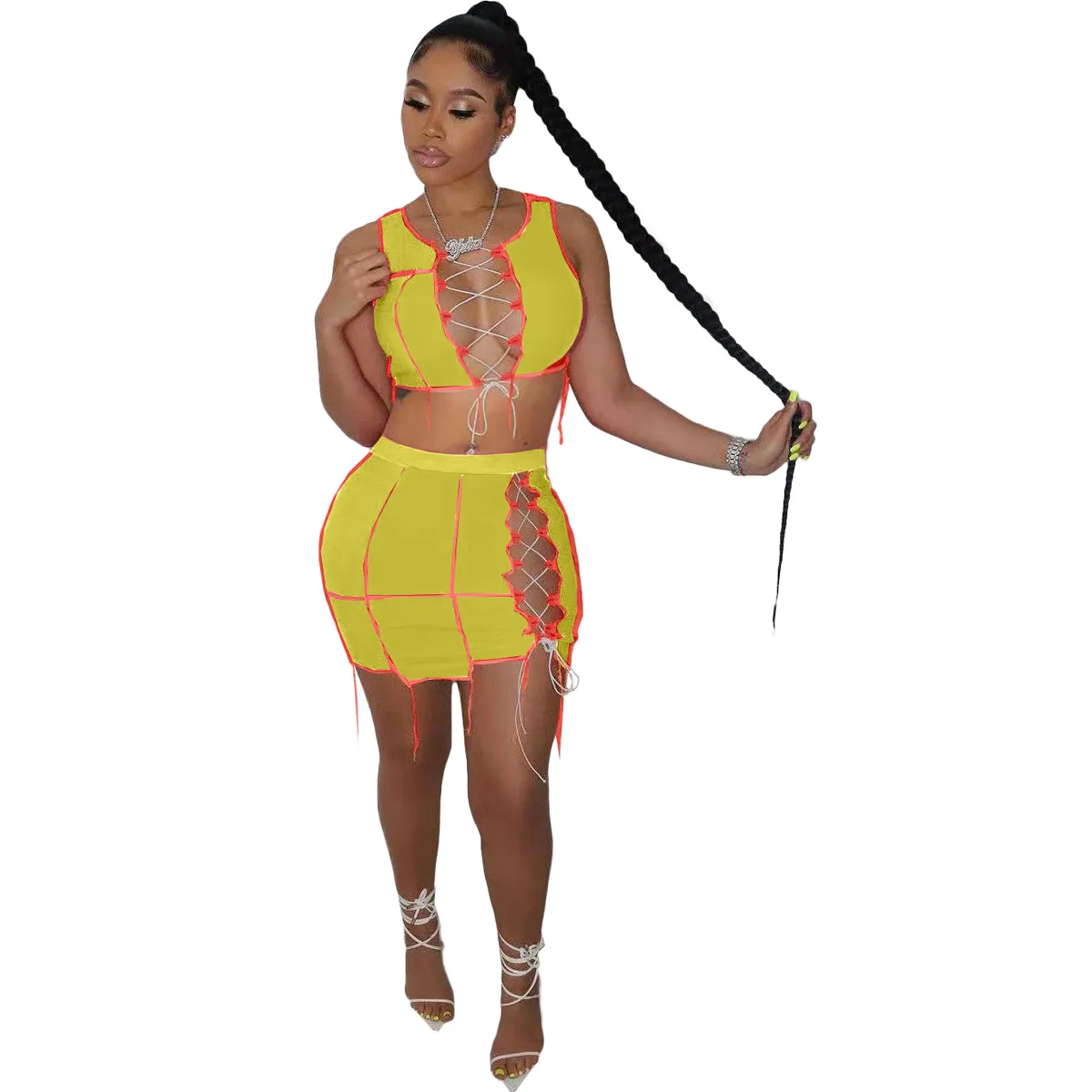 Новинка лета 2021, модная сексуальная женская одежда с вырезами, блузка и юбка, комплект из 2 предметов