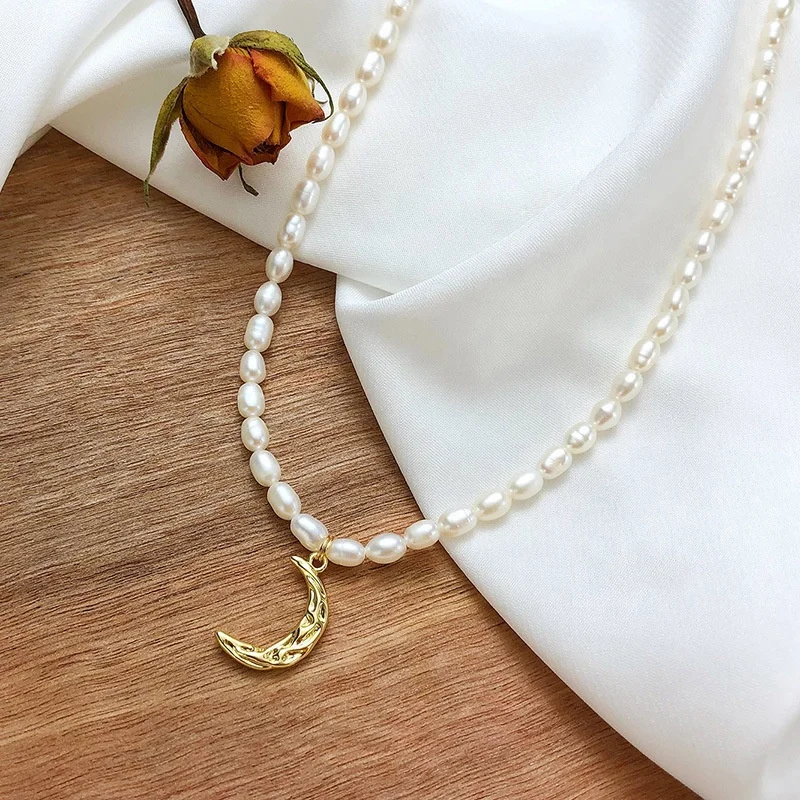 high quality brass moon irregular pearl necklace ip gold plated