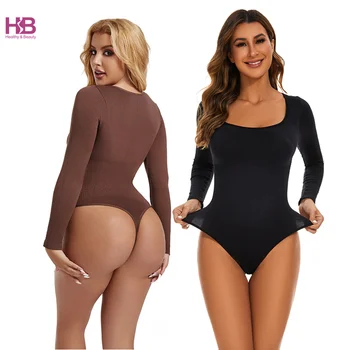 HB Shaper Women's Bodysuits Sexy Ribbed One Piece Square Neck Long Sleeve Bodysuits